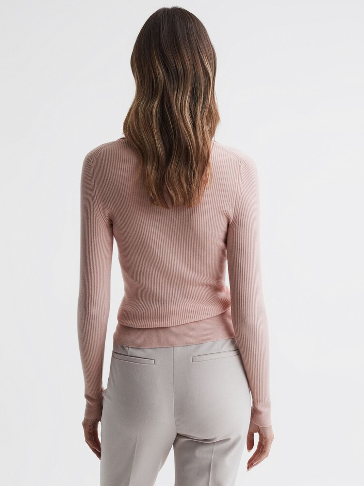 Różowawy - Reiss Sienna Ribbed Space Wool Polo Shirt - Image 4 of 5