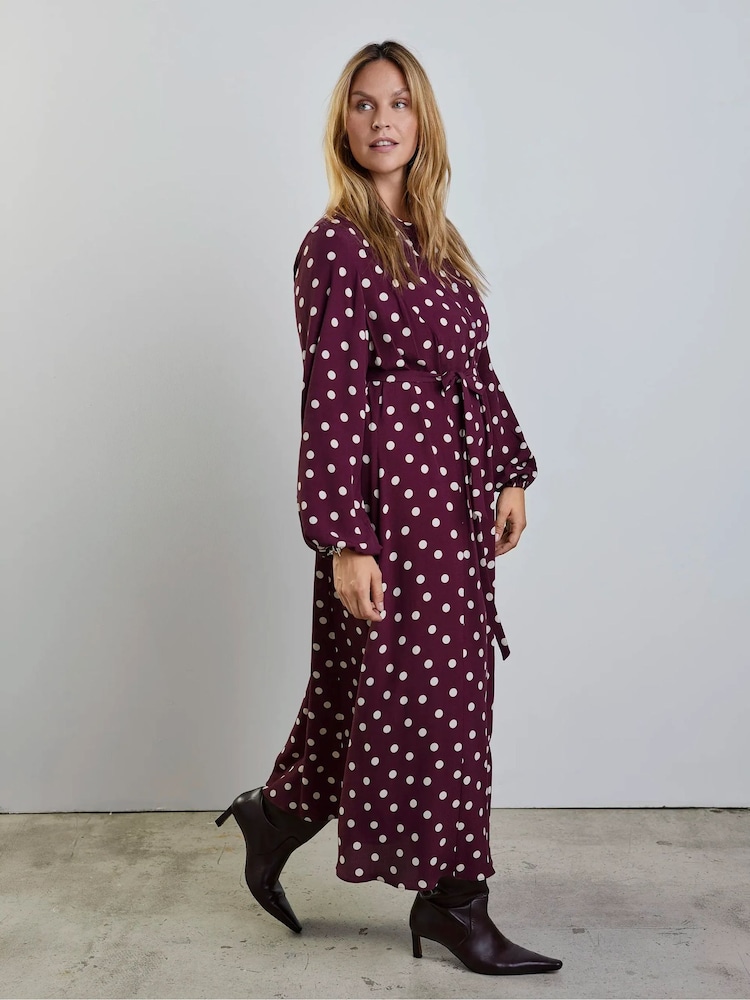 Live Unlimited Burgundy Polka Dot Waist Tie Maxi Shirt Dress - Larawan 5 ng 5
