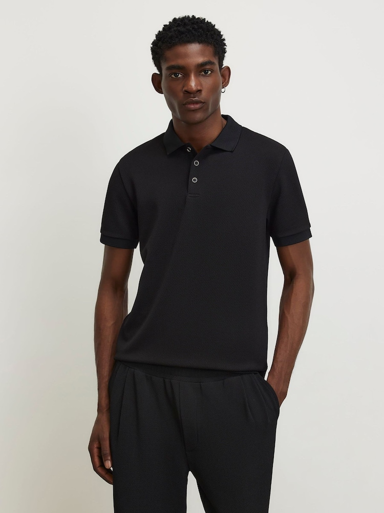 River Island Black Slim Fit Slinky Button Polo Shirt - Image 1 of 4