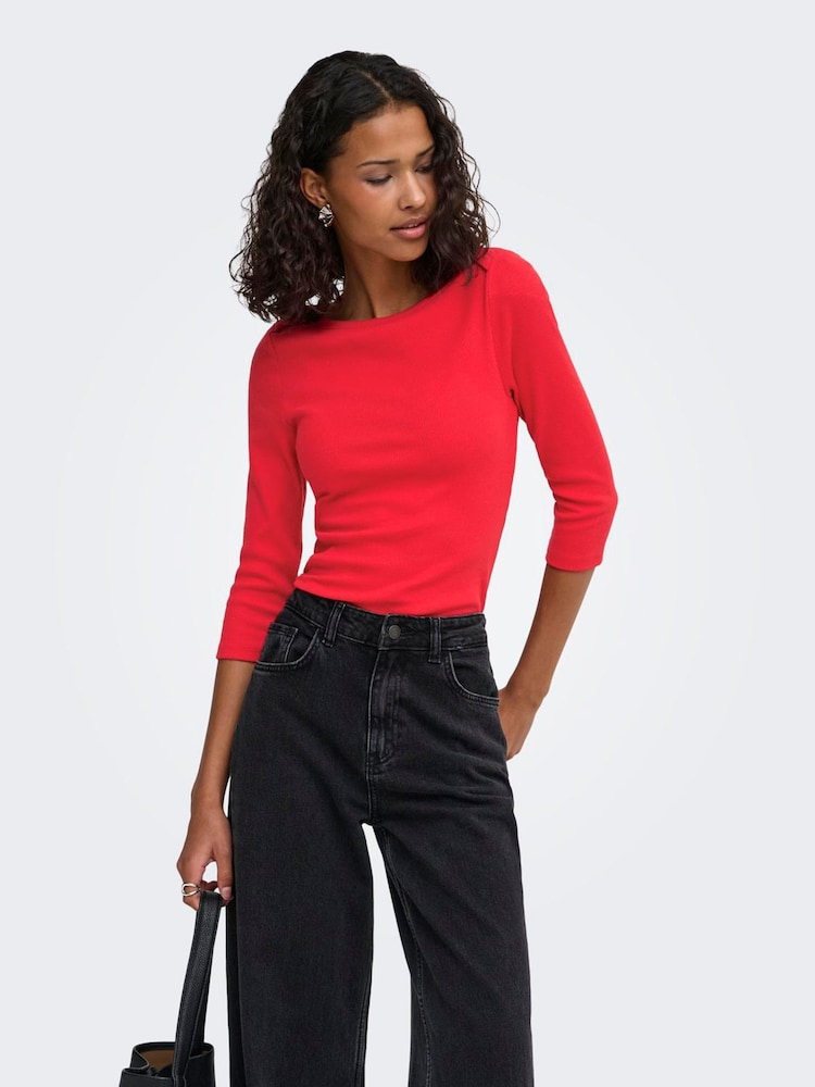 JDY Red Bright Red 3/4 Sleeve Fitted Jersey Top - Image 2 of 6 JDY Red Bright Red 3/4 Sleeve Fitted Jersey Top - Image 2 of 6