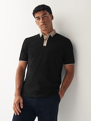 Black Check Short Sleeve Smart Collar Polo Shirt - Image 1 of 8