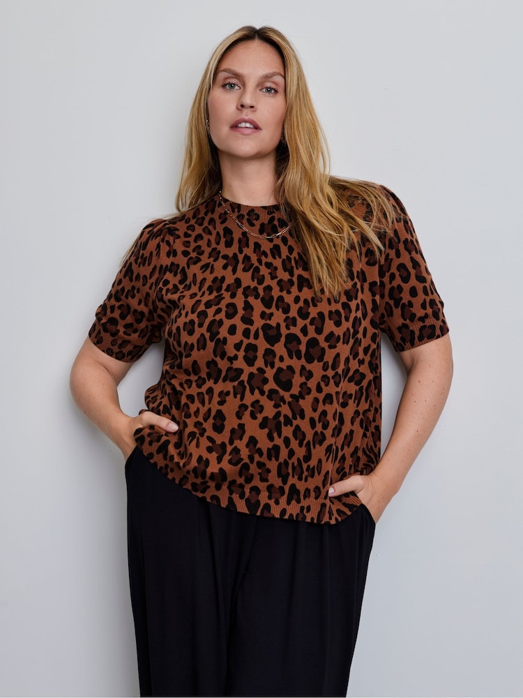 Live Unlimited Leopard Print Short Sleeve Knitted Jumper - Kuva 2 / 4