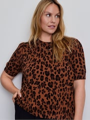 Live Unlimited Leopard Print Short Sleeve Knitted Jumper - Kuva 4 / 4
