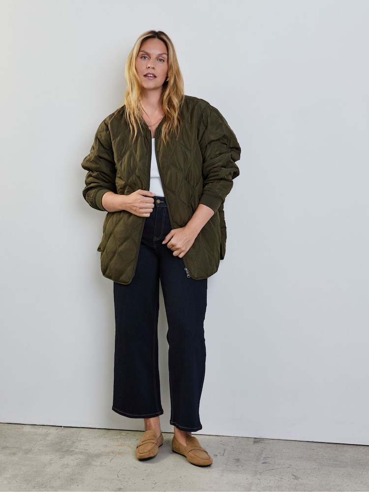 Live Unlimited Green Khaki Quilted Bomber Jacket - Image 2 of 4 Live Unlimited Green Khaki Quilted Bomber Jacket - Image 2 of 4