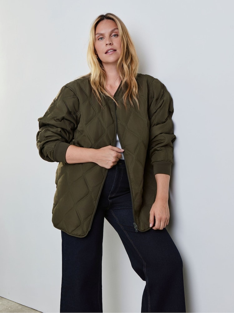Live Unlimited Green Khaki Quilted Bomber Jacket - Image 4 of 4 Live Unlimited Green Khaki Quilted Bomber Jacket - Image 4 of 4