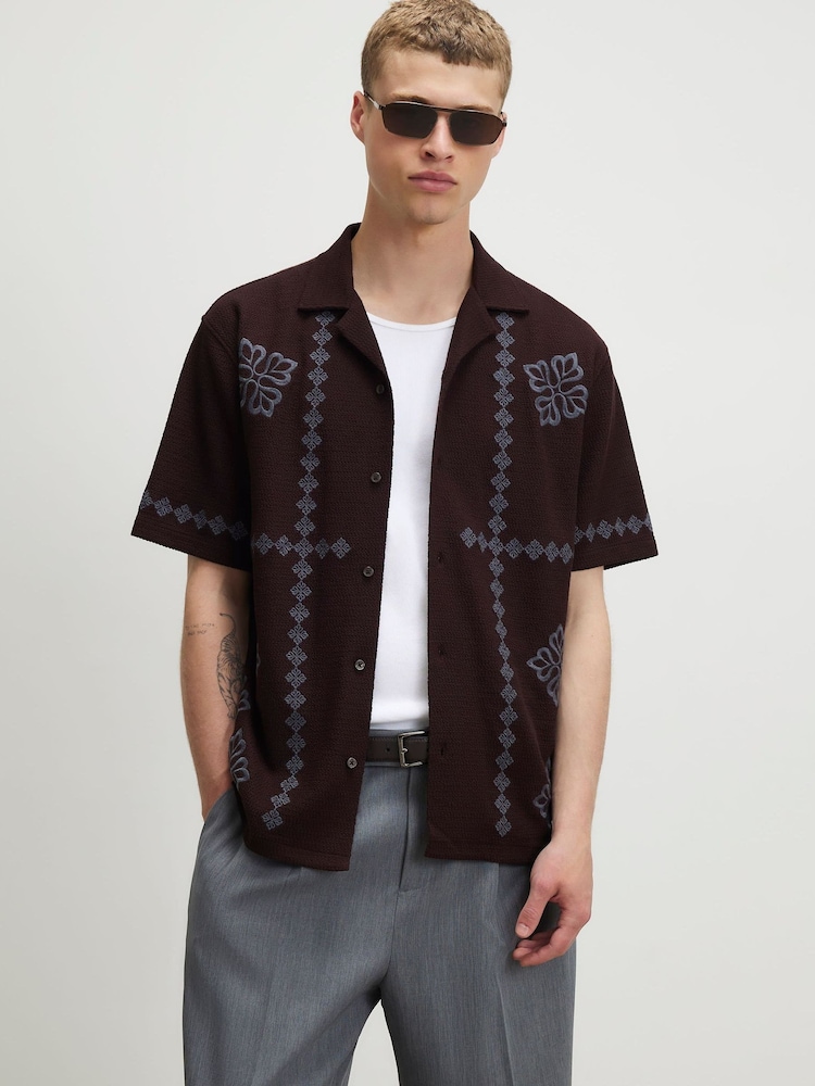 River Island Brown Regular Fit Embroidery Revere Shirt - Image 1 of 3