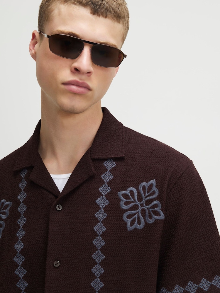 River Island Brown Regular Fit Embroidery Revere Shirt - Image 3 of 3