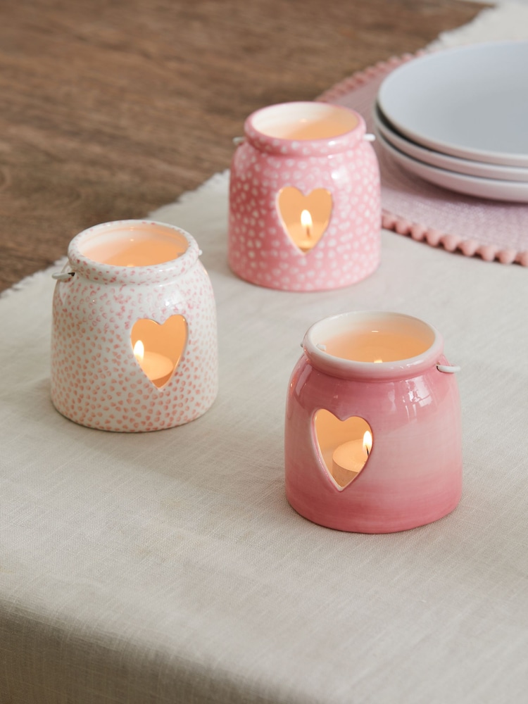 Set of 3 Pink Ceramic Heart Cut-Out Tea Light Candle Lanterns - Image 1 of 5