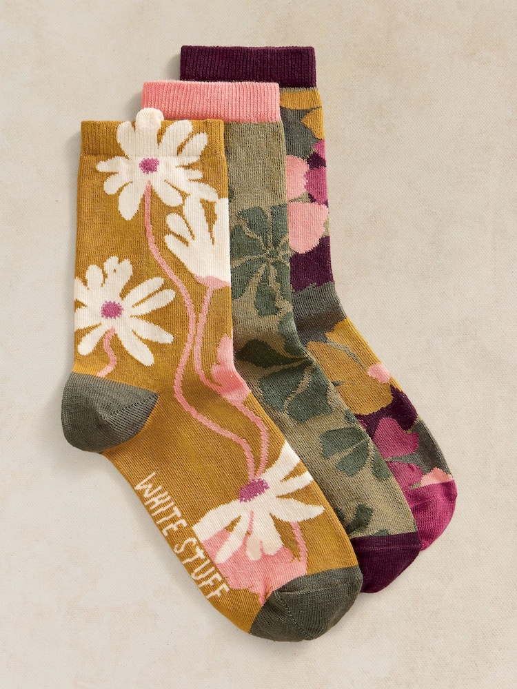 White Stuff Green Floral Texture Ankle Socks 3 Pack - Image 1 of 2