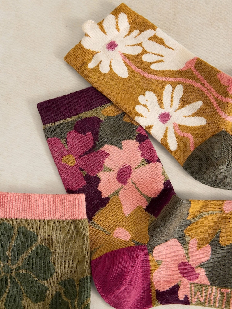 White Stuff Green Floral Texture Ankle Socks 3 Pack - Image 2 of 2
