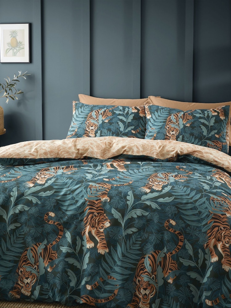Catherine Lansfield Green Tropic Tiger Leaf Reversible Duvet Cover Set - Image 1 of 4