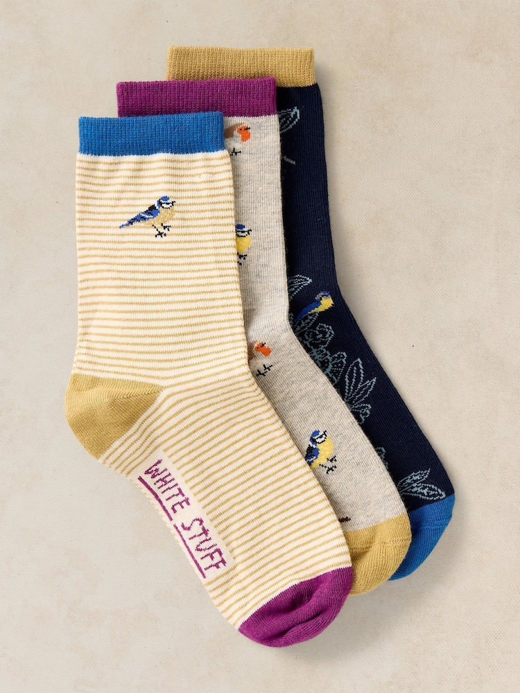 White Stuff Green Garden Bird Ankle Socks 3 Pack - Image 1 of 2