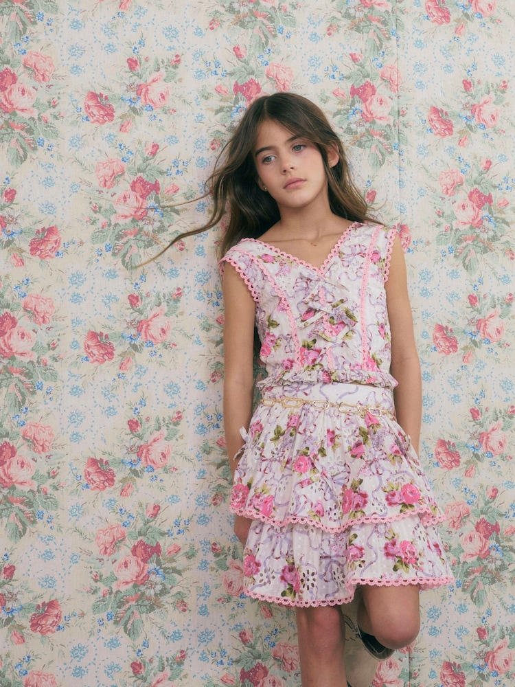 River Island Cream Cabbages & Roses Frill Top & Skirt Set - Image 1 of 6 River Island Cream Cabbages & Roses Frill Top & Skirt Set - Image 1 of 6