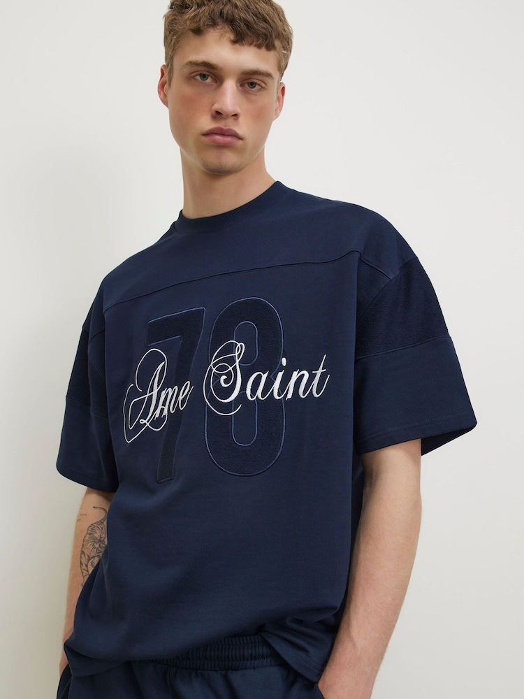 River Island Blue Oversized Ame Saint T-Shirt - Image 1 of 4