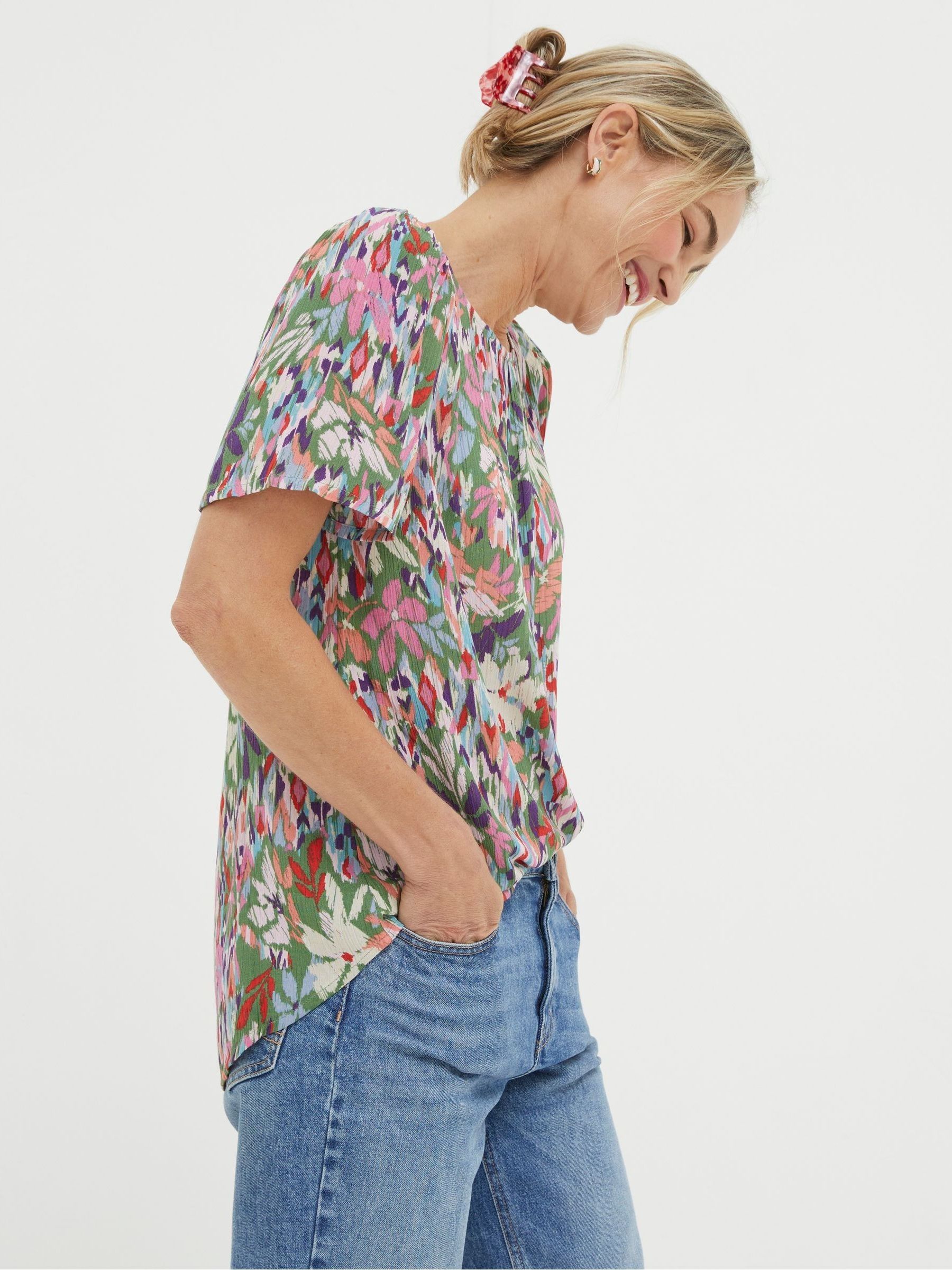【FETICO】Floral print gathered blouse Floral Blouse With Relaxed Fit And Soft Gathered Neckline
