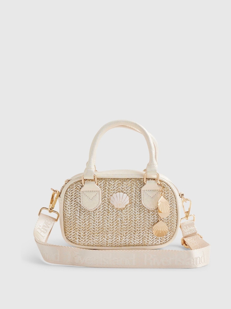 River Island Gold Raffia Multi Charm Top Handle Bag - Image 1 of 5 River Island Gold Raffia Multi Charm Top Handle Bag - Image 1 of 5