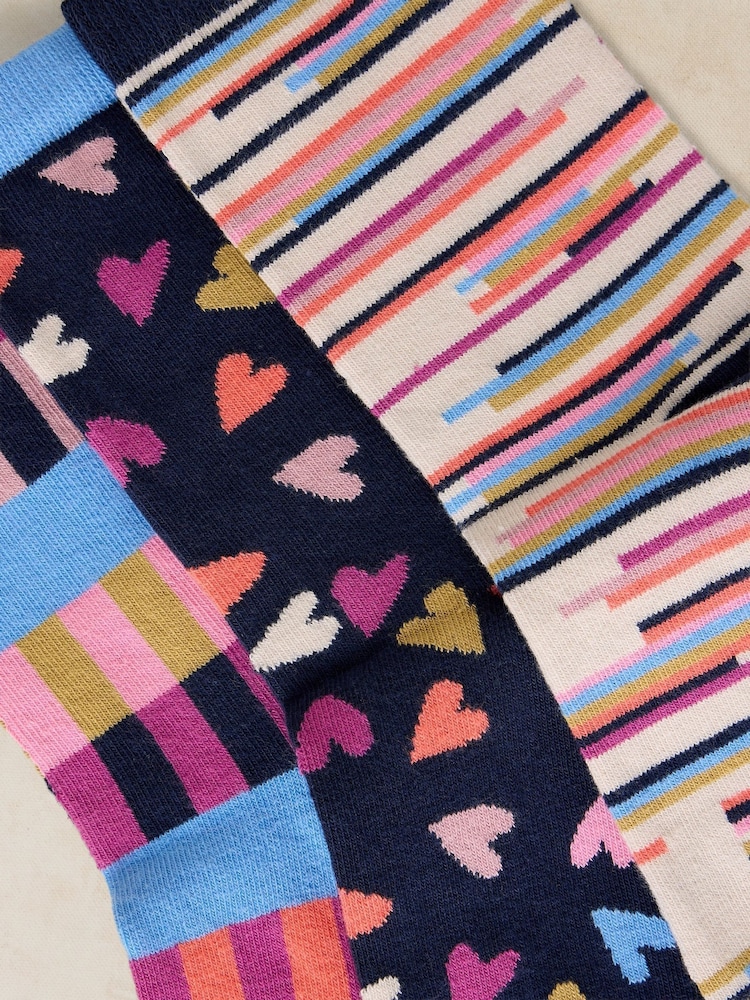 White Stuff Blue Geo Heart Print Socks 3 Pack - Image 2 of 2
