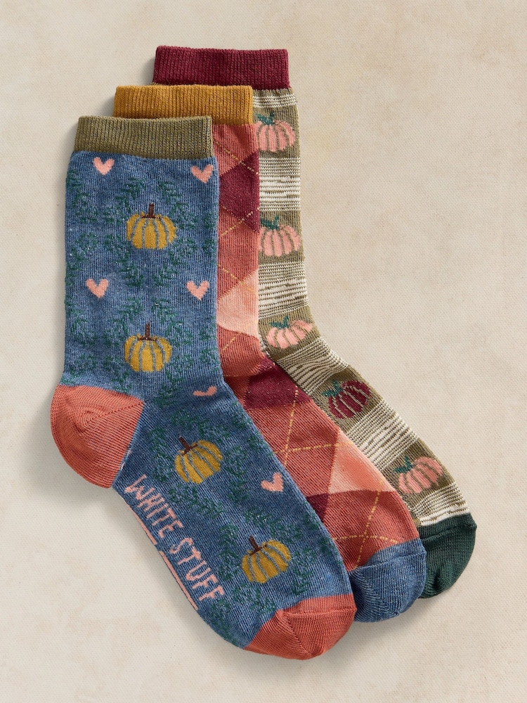 White Stuff Green Pumpkin Season Ankle Socks 3 Pack - Image 1 of 2