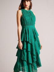 Ted Baker Green Floryah Embroidered Midi Dress With Tiered Skirt - Image 1 of 5