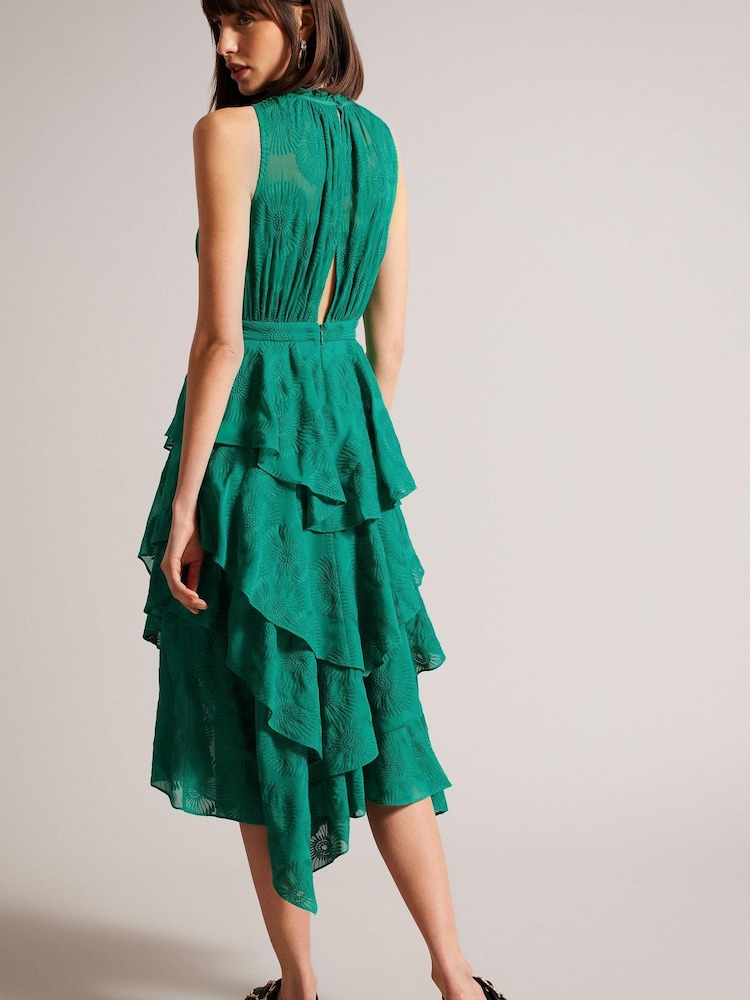 Ted Baker Green Floryah Embroidered Midi Dress With Tiered Skirt - Image 2 of 5