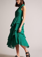 Ted Baker Green Floryah Embroidered Midi Dress With Tiered Skirt - Image 3 of 5