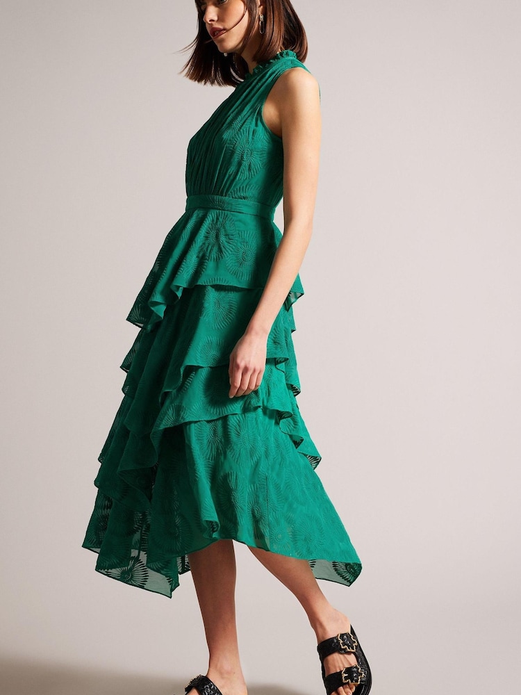 Ted Baker Green Floryah Embroidered Midi Dress With Tiered Skirt - Image 3 of 5