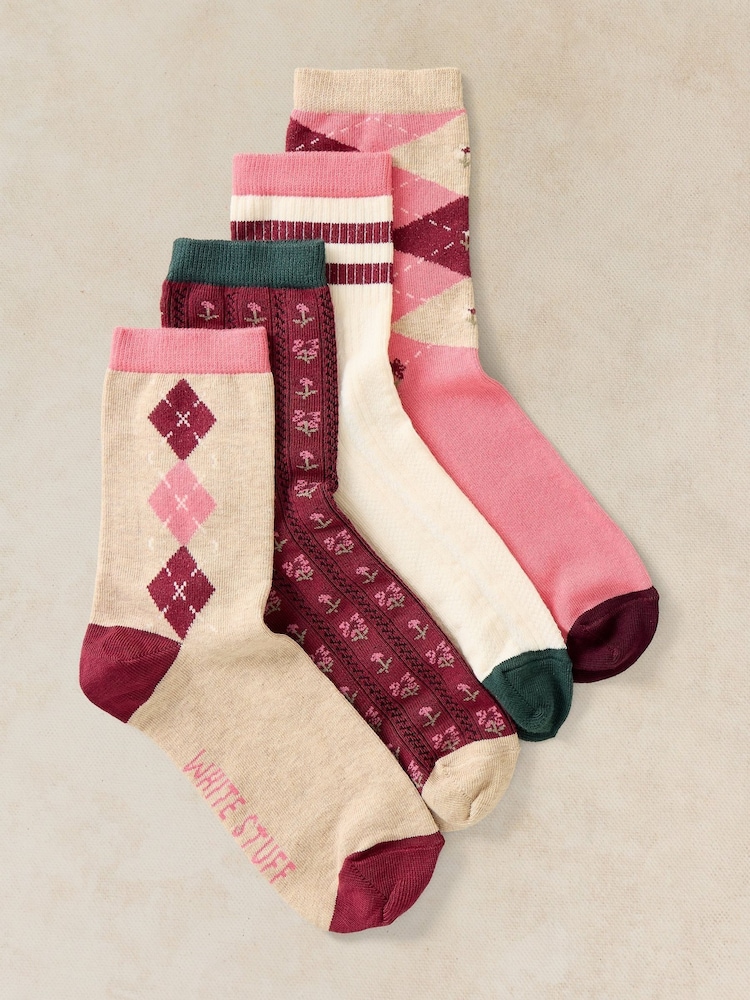 White Stuff Pink Argyle Pattern Ankle Socks 4 Pack - Image 1 of 3 White Stuff Pink Argyle Pattern Ankle Socks 4 Pack - Image 1 of 3