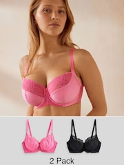 Bright Pink/Black 2 Pack DD+ Non Pad Wired Full Cup Microfibre Lace Bras - Image 1 of 6