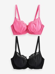 Bright Pink/Black 2 Pack DD+ Non Pad Wired Full Cup Microfibre Lace Bras - Image 5 of 6
