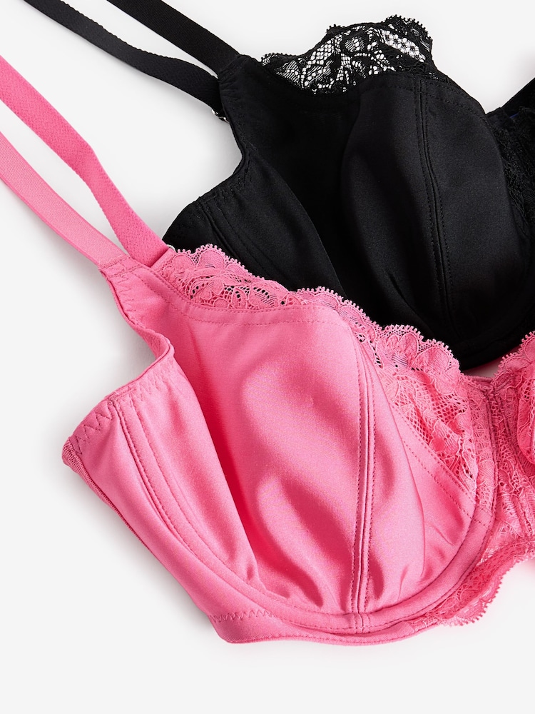 Bright Pink/Black 2 Pack DD+ Non Pad Wired Full Cup Microfibre Lace Bras - Image 6 of 6