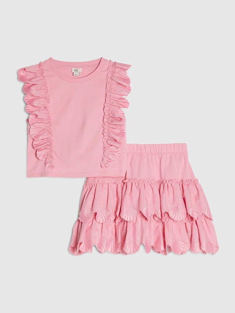 River Island Pink Shell Ruffle Top & Rara Skirt Set - Image 1 of 5 River Island Pink Shell Ruffle Top & Rara Skirt Set - Image 1 of 5