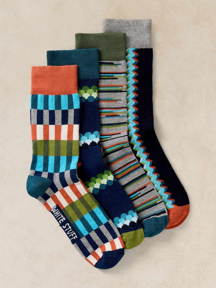 White Stuff Blue Mixed Geo Ankle Socks 4 Pack - Image 1 of 2