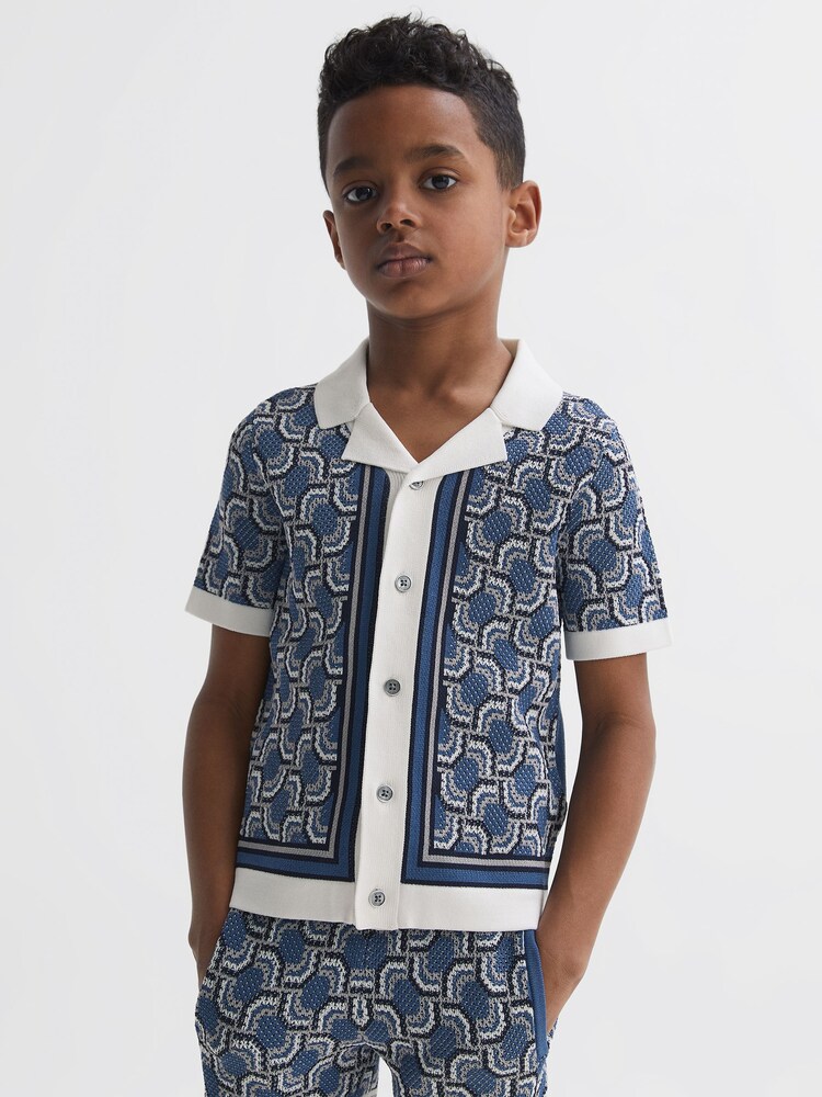Reiss Blue Print Lotus Junior Knitted Cuban Collar Shirt - Image 1 of 6