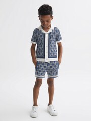 Reiss Blue Print Lotus Junior Knitted Cuban Collar Shirt - Image 3 of 6