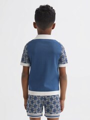 Reiss Blue Print Lotus Junior Knitted Cuban Collar Shirt - Image 5 of 6