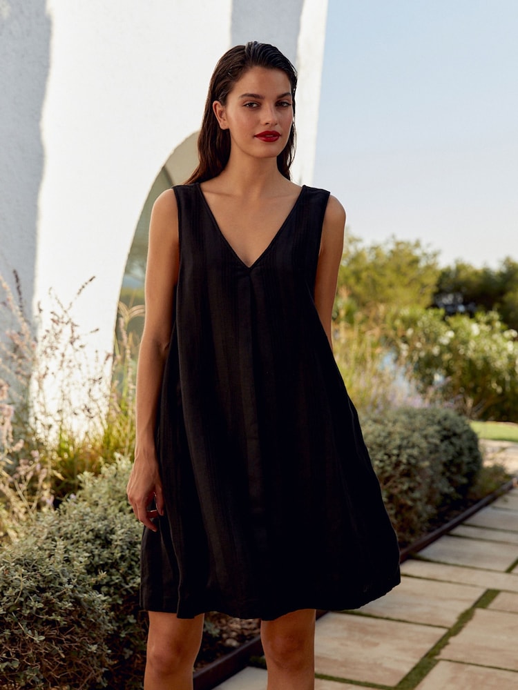 Black Linen Blend V-Neck Summer Mini Dress - Image 1 of 6