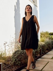 Black Linen Blend V-Neck Summer Mini Dress - Image 2 of 6