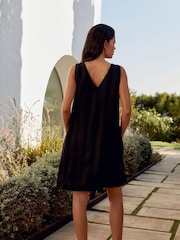 Black Linen Blend V-Neck Summer Mini Dress - Image 3 of 6