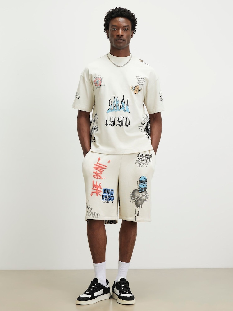 River Island Natural Oversized Grafitti T-Shirt - Image 4 of 4 River Island Natural Oversized Grafitti T-Shirt - Image 4 of 4