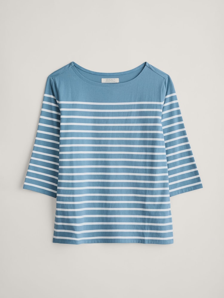 Seasalt Cornwall Falmouth Breton Blue Sailor 3/4 Sleeve Cotton Top - Image 4 of 4