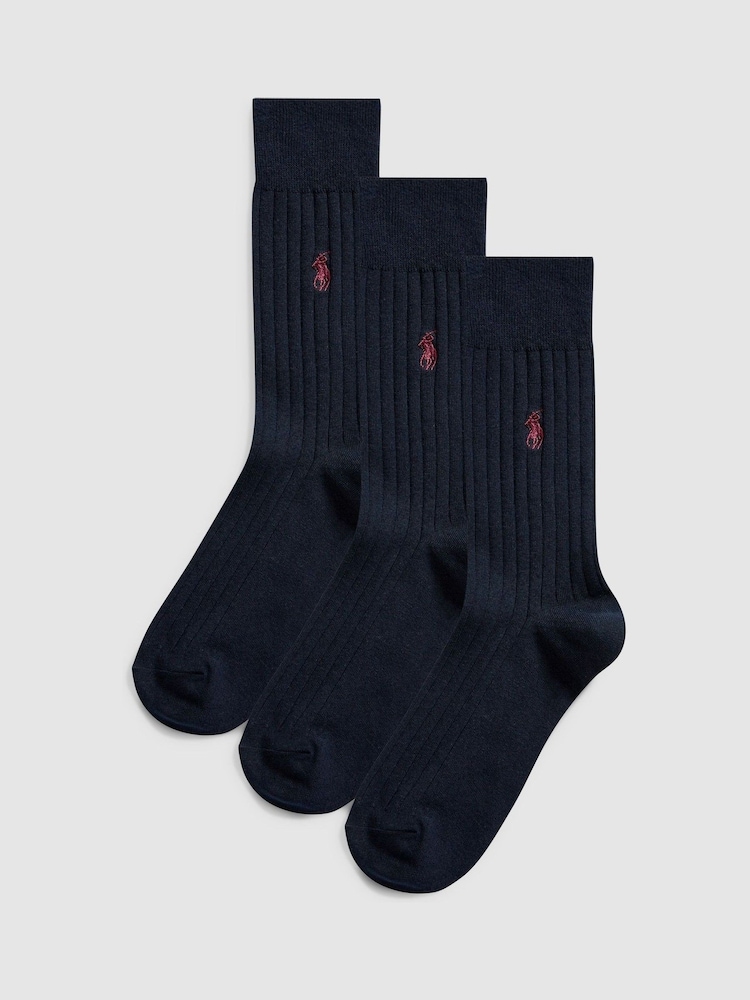 Polo Ralph Lauren Navy Ribbed Cotton Blend Crew Socks 3 Pack - Image 1 of 2