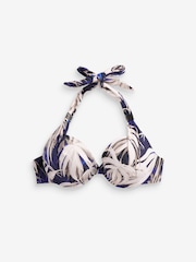 Navy Palm Print Padded Wired Halter Bikini Top - Image 3 of 3