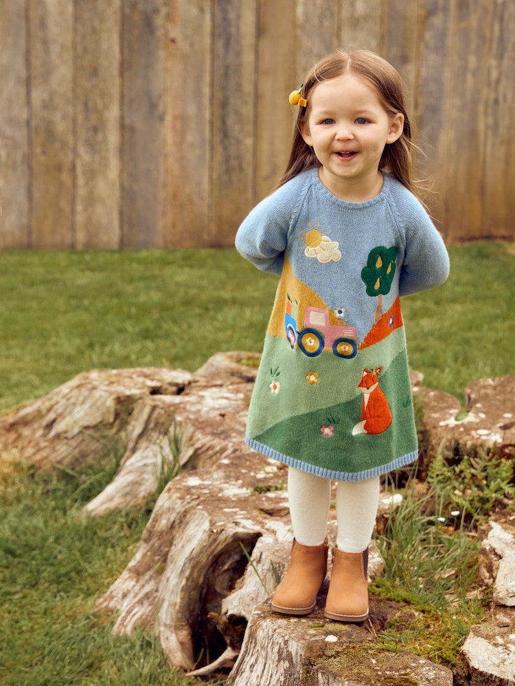 JoJo Maman Bébé Blue Girls' Farm Scene Knitted Dress - Image 2 of 5