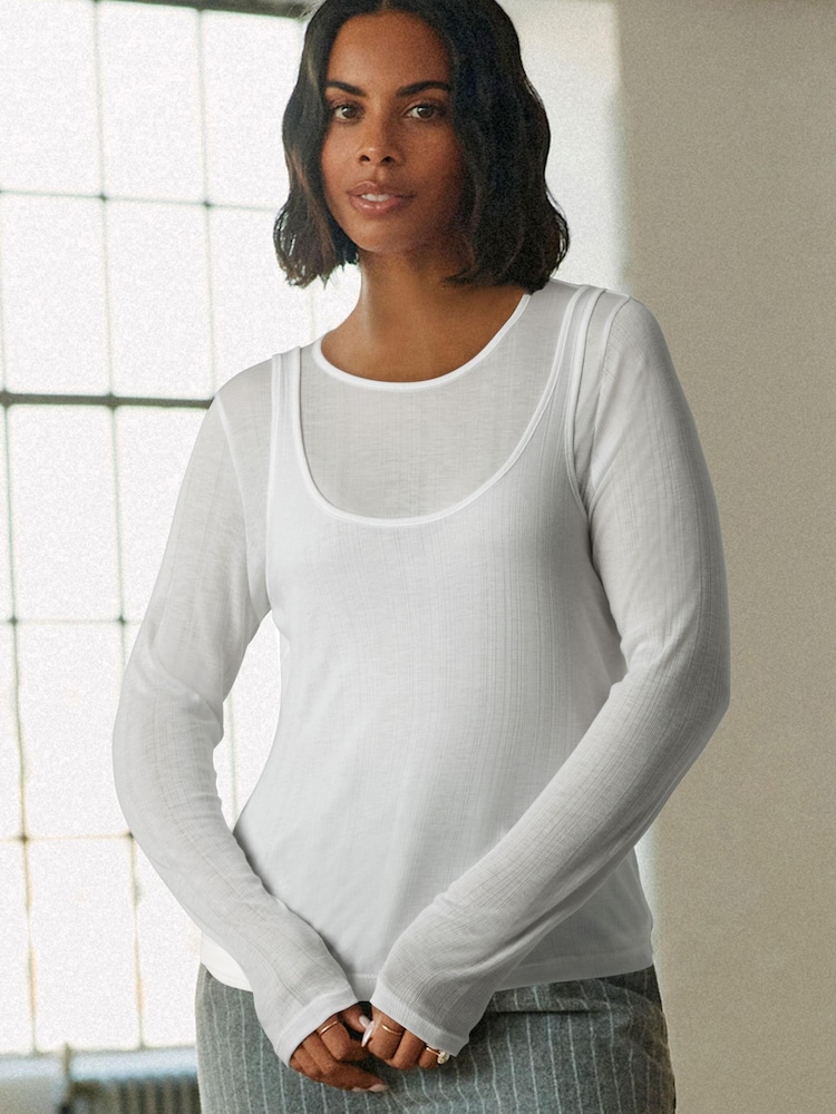 White Long Sleeve Double Layer Top - Image 1 of 4 White Long Sleeve Double Layer Top - Image 1 of 4