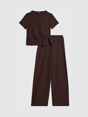 River Island Brown Textured Tied Top & Wide Fit Trouser Set - Image 1 of 5