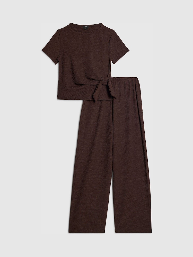 River Island Brown Textured Tied Top & Wide Fit Trouser Set - Image 1 of 5 River Island Brown Textured Tied Top & Wide Fit Trouser Set - Image 1 of 5