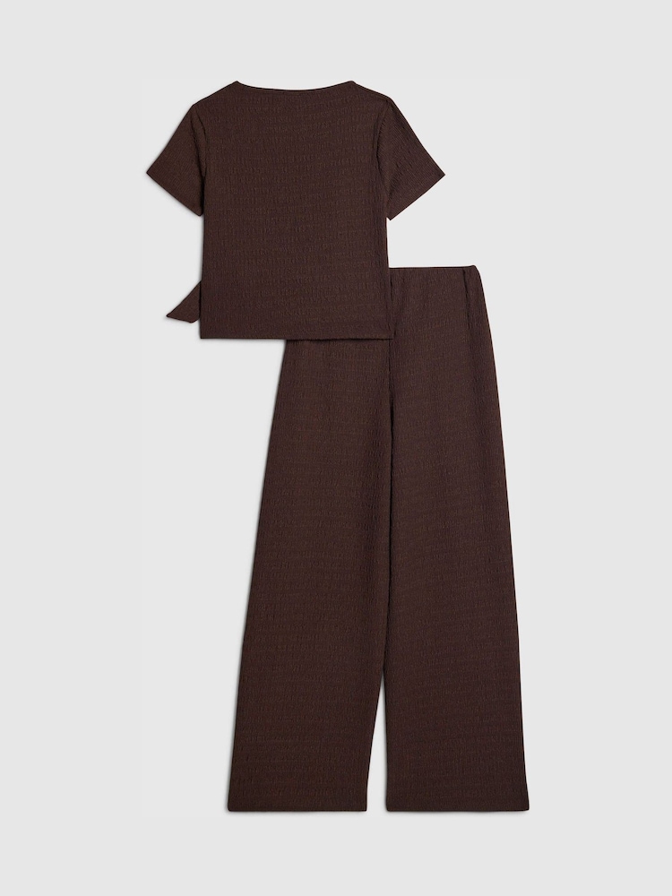 River Island Brown Textured Tied Top & Wide Fit Trouser Set - Image 2 of 5 River Island Brown Textured Tied Top & Wide Fit Trouser Set - Image 2 of 5