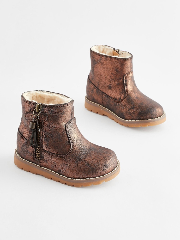 Bronze Brown Wide Fit (G) Warm Lined Tassel Detail Zip Boots - Image 1 of 5