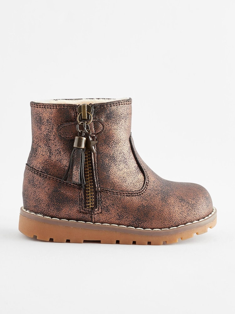 Bronze Brown Wide Fit (G) Warm Lined Tassel Detail Zip Boots - Image 2 of 5