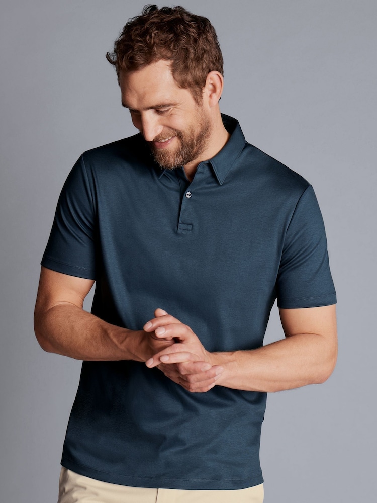 Charles Tyrwhitt Blue 100% Cotton Plain Short Sleeve Jersey Polo Shirt - Image 1 of 5